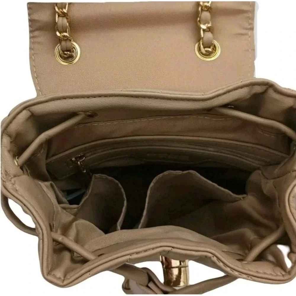 BEBE Quilted Faux Leather Drawstring Backpack Gold Chain Tan Beige Women New
